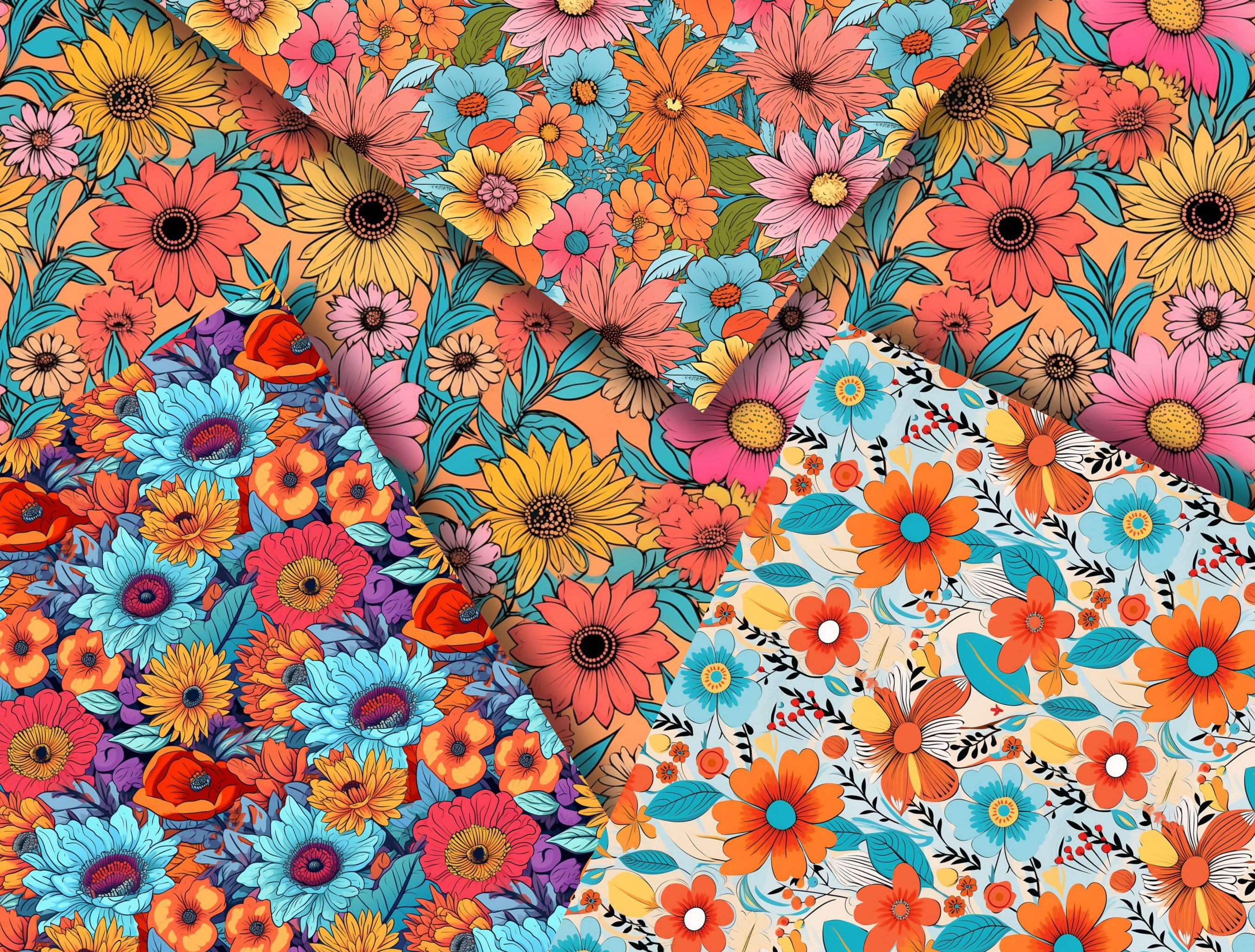 Retro Groovy Flowers Seamless Digital Patterns, Colourful Floral ...