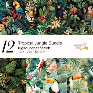 Op de afbeelding: Een set van 12 digitale papieren met een tropisch jungle thema. De papieren bevatten levendige groene bladeren, kleurrijke bloemen, toekans, papegaaien, apen en luipaarden. De papieren zijn 30,48 cm bij 30,48 cm en 300 DPI.
