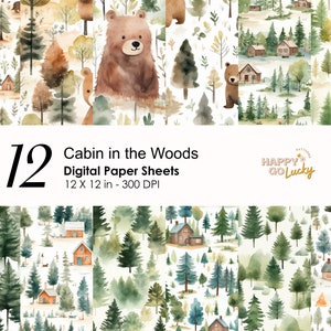 Modello senza cuciture cabina nel bosco, carta digitale foresta acquerello, sfondo orso, carta digitale stampabile, carta per album di pini