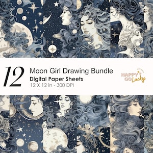 Mystical Moon Child Seamless Pattern, Moon Girl Digital Paper, Magical Lady Background, Printable Digital Paper, Enchanting Scrapbook Paper