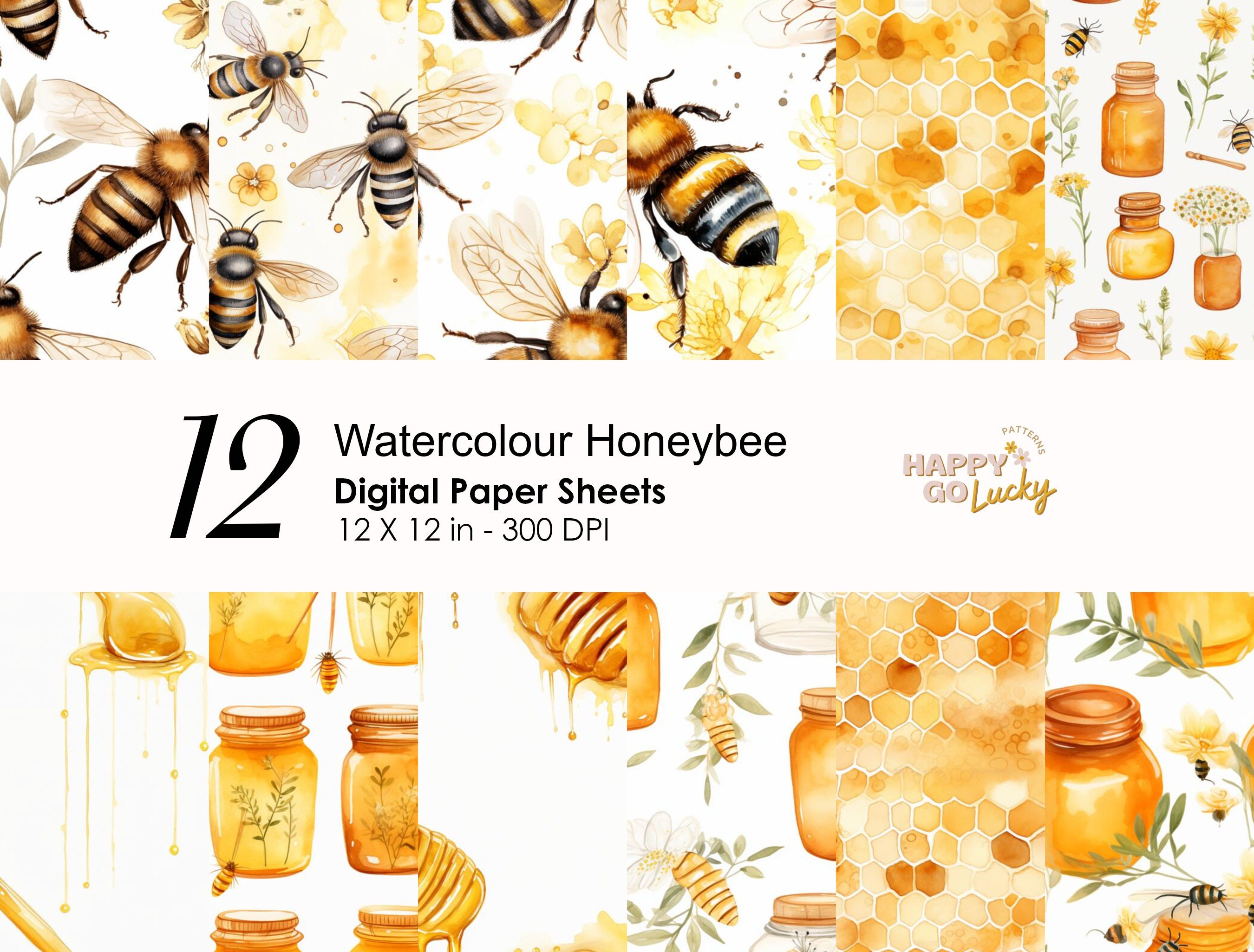 Bee Digital Paper, Honey Bee Digital Paper Set, Honeycomb Pattern Paper,  Summer Digital Paper, Gold Honeycomb Paper, Commercial Use 