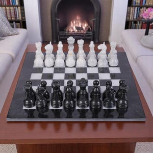 Vintage chess pieces marble board handmade stone unique luxury modern antique large decor housewarming gift set black and white