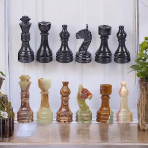 Handmade Marble Chess Pieces Only, Stone Pieces for 12&quot; to 15&quot; Marble Boards, Black & Onyx Green Game Pieces, Perfect Gift for Him