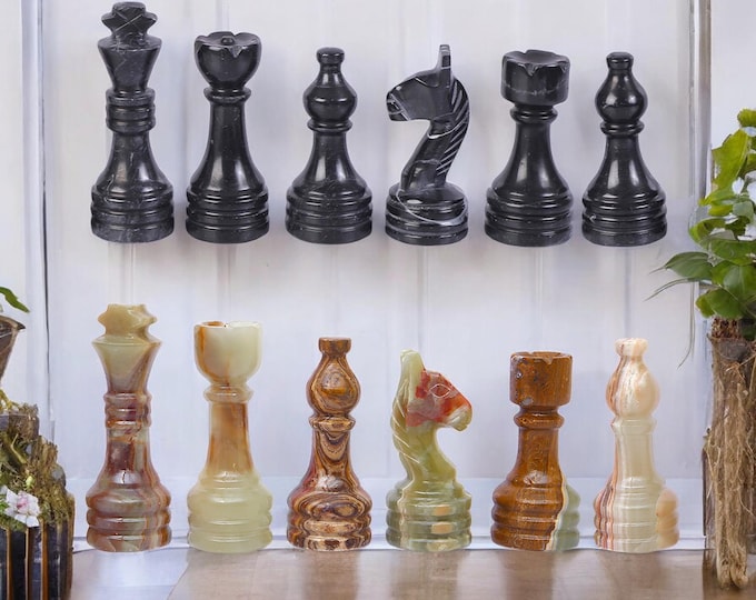 Marble Chess Pieces: Black & Green, 32 Handcrafted Figures
