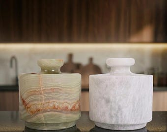 Marble Salt Cellar Set – Stone Spice Jars & Salt Pig – Kitchen Countertop Storage and Decor
