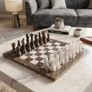 May include: A square chess set featuring a board with alternating dark brown fossilised stone and white marble squares. The set includes a full complement of carved stone chess pieces, with one side in dark brown stone and the other in solid white marble.