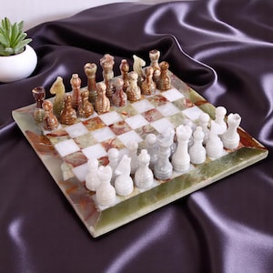 Handmade Onyx Marble Chess Set: Green & White Board Game