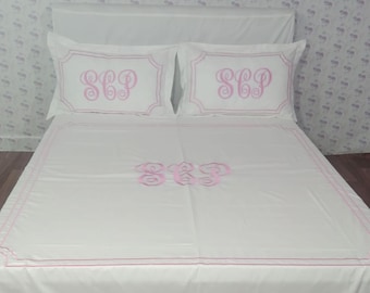 Personalized Monogram 2 Line Embroidered Scalloped White Cotton Sateen Duvet Cover Set