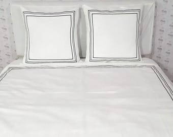 3 Line Embroidered Scalloped White Cotton Sateen Duvet Cover Set