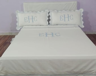 Personalized Monogram Double Border Embroidery Scalloped White Cotton Sateen Duvet Cover Set