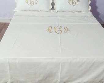 Personalized Monogram Scalloped and Border Embroidery Duvet Cover Set White Cotton Sateen