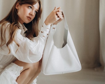 White Leather Hobo Bag with Wallet | Elegant Slouchy Shoulder Purse | Genuine Leather Handbag for Women | Gift for Her