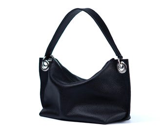 Zwarte slouchy leren crossbodytas | Minimalistische werkportemonnee met verstelbare riem | Echte leren handtas | Cadeau voor haar