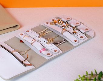 White Leather Jewelry Organizer Roll - Minimalist Necklace & Earring Case