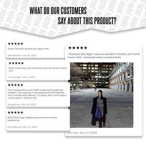 Infographic collage showing customer reviews about leather bags with 5 star ratings