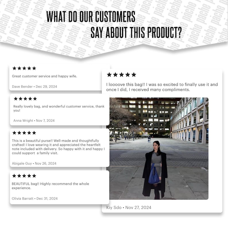 Infographic collage showing customer reviews about leather bags with 5 star ratings