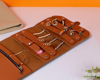 Brown Leather Jewelry Case Roll - Multi-Section Organizer for Daily Use