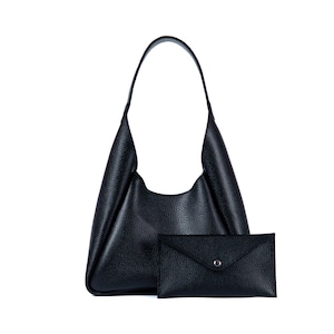 Bolso Hobo de Cuero Negro con Billetera / Bolso de Hombro Suave y Holgado para Mujer / Bolso Minimalista de Cuero Genuino / Regalo para Ella