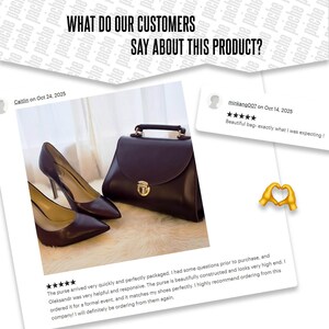 Review showcase for handcrafted burgundy leather bag paired with matching shoes.