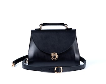 Black Small Leather Flap Bag | Top Handle Crossbody Handbag with Push-Lock - Timeless Structured Purse
