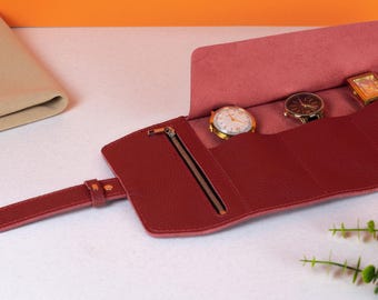 Red Leather Watch Roll - Travel Watch Case with Multiple Pocket Options