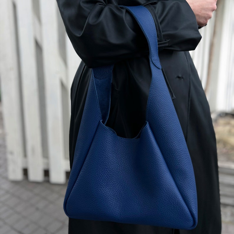 Blue leather hobo bag, genuine handmade women’s handbag in slouchy silhouette, crafted from natural leather, includes matching wallet, ideal for daily use or as a thoughtful gift for her.