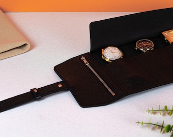 Black Leather Watch Roll - Slim Travel Watch Case & Organizer