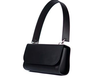 Black Leather Baguette Bag | Handmade Shoulder Handbag with Flap