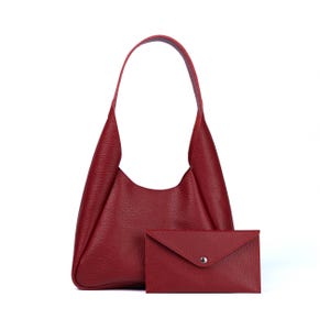 Bolso Hobo de Cuero Rojo con Billetera / Elegante Bolso Holgado para Mujer / Monedero Clásico de Cuero Genuino / Regalo para Ella