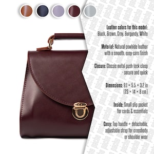 Infographic showing leather handbag features, size, colors, and materials.