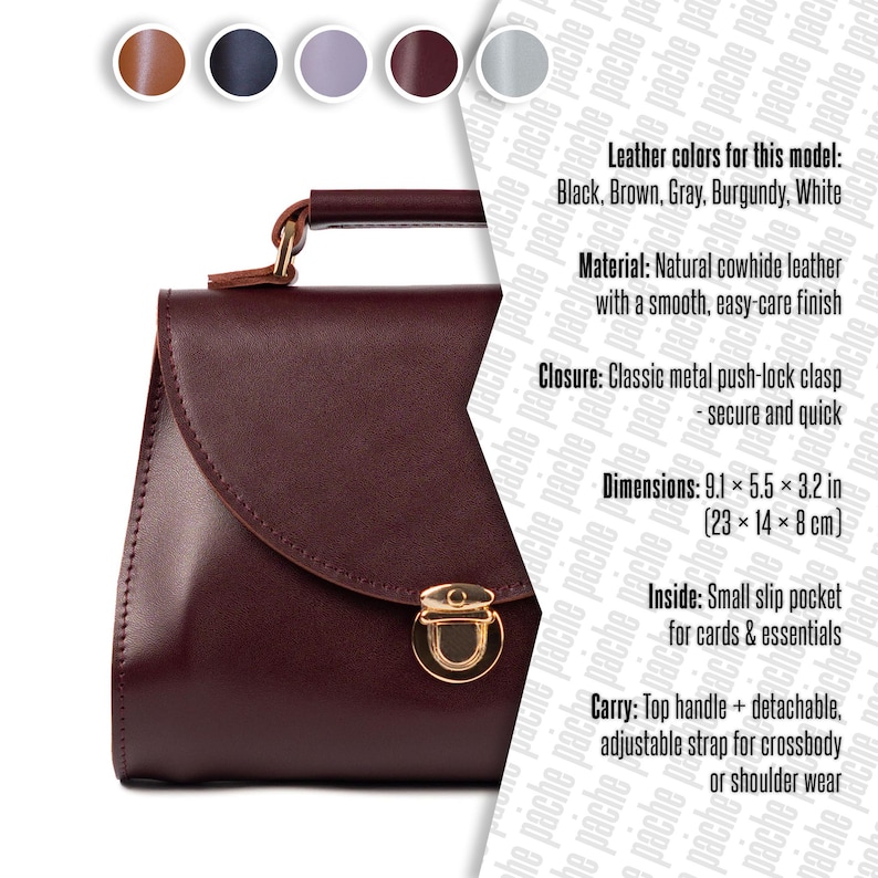 Infographic showing leather handbag features, size, colors, and materials.