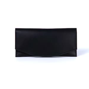 Cartera de piel auténtica negra hecha a mano: cartera delgada con sobre, billetera minimalista larga para mujeres y hombres, con cremallera y ranuras para tarjetas