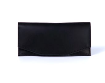Black Leather Long Wallet | Slim Clutch with Zipper & Card Holder