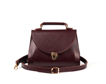 Burgundy Leather Crossbody Bag with Top Handle - Structured Leather Shoulder Bag with Metal Clasp