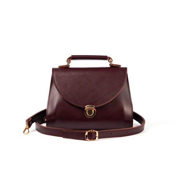 Burgundy Leather Crossbody Bag with Top Handle - Structured Leather Shoulder Bag with Metal Clasp