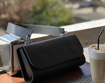 Black Leather Baguette Bag | Structured Shoulder Handbag