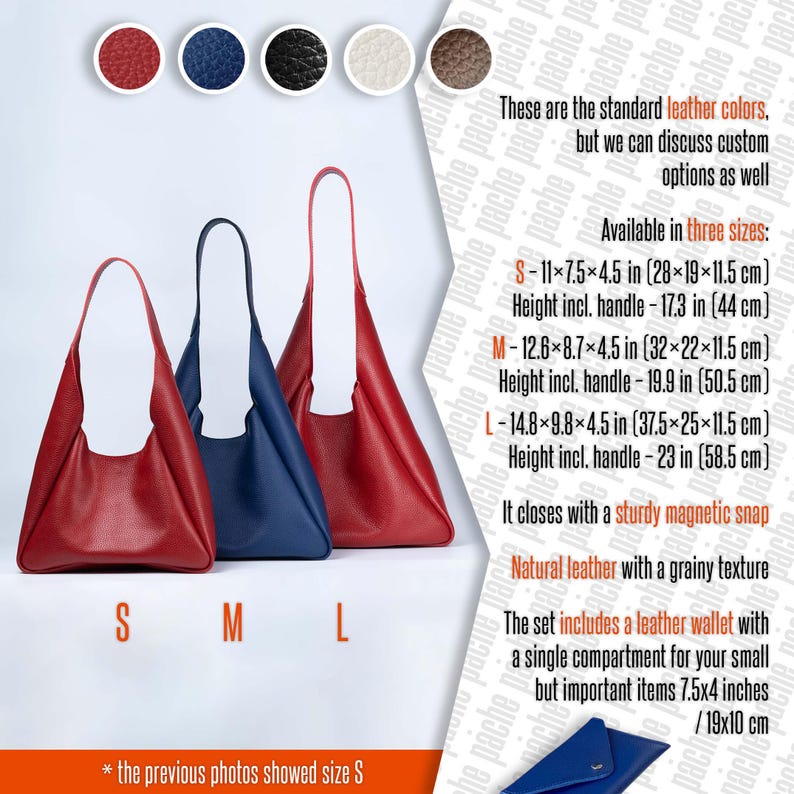 Information about the Handmade Leather Hobo Bag with Wallet. Handmade genuine leather purse for women, stylish slouchy shoulder bag with included wallet, spacious yet lightweight everyday handbag, timeless and versatile accessory.