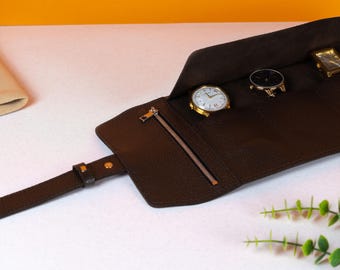 Brown Leather Watch Roll - Multi-Section Travel Watch Organizer