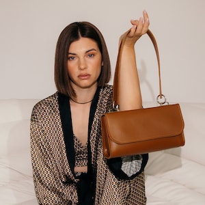 Brown Leather Shoulder Bag | Minimalist Baguette Purse for Women | Elegant Underarm Handbag | Real Leather Bag