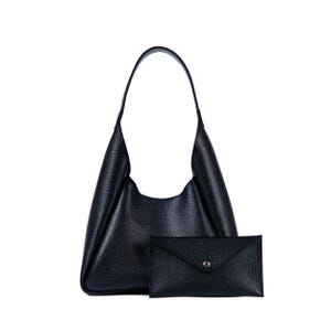 Handmade black leather hobo bag with wallet - classic slouchy shoulder purse crafted from genuine cowhide for daily elegance