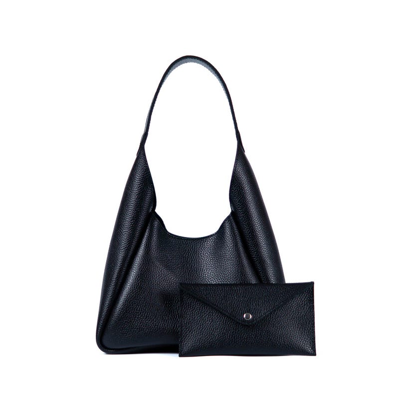 Handmade black leather hobo bag with wallet - classic slouchy shoulder purse crafted from genuine cowhide for daily elegance
