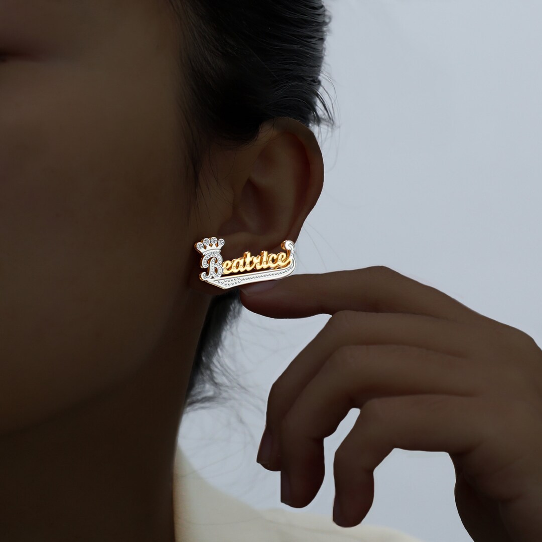 Custom Name Double Nameplate Earring With Crown14k Gold Etsy