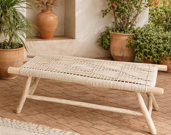 Moroccan Handwoven Bench with Beige Cord – Rustic Boho Solid Wood Entryway Seat