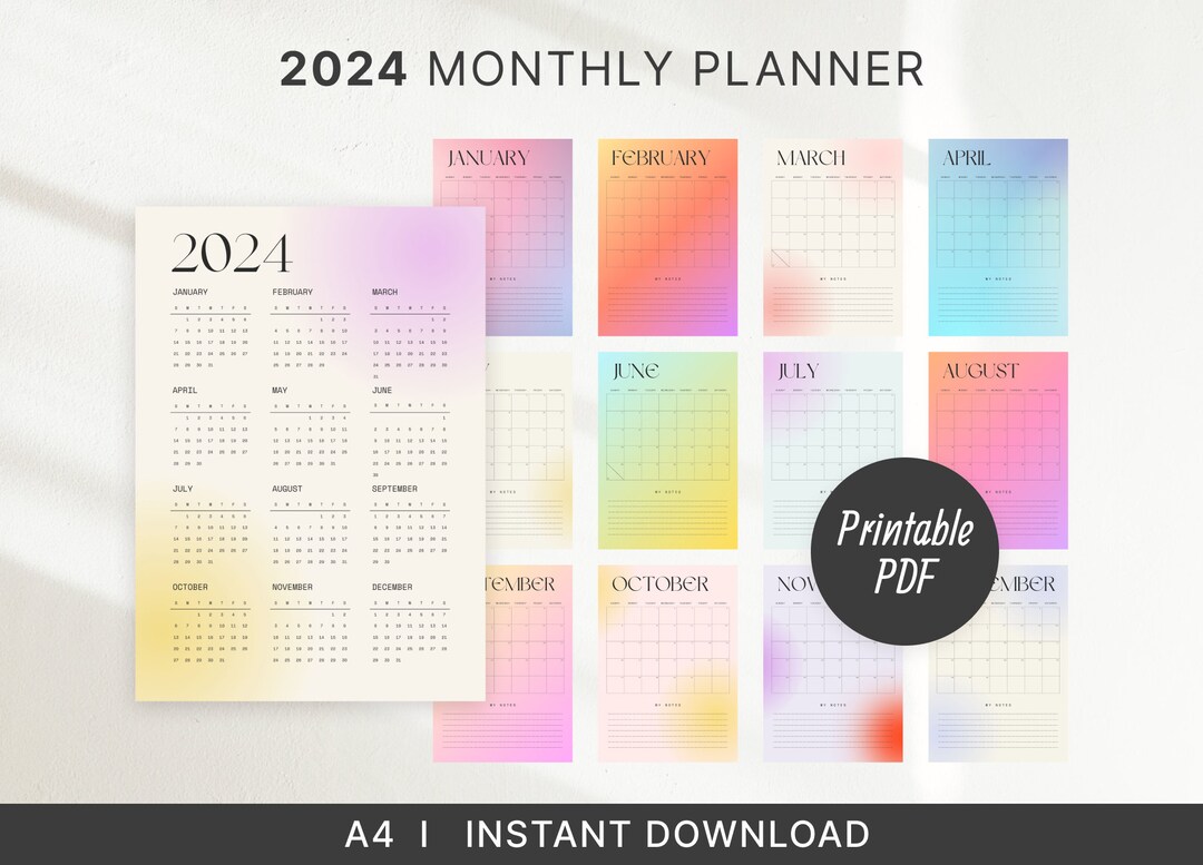 Printable Calendar 2024 Monthly Planner 2024 A4 Portrait Sunday Start ...