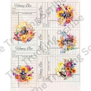 Afdrukbare gepersonaliseerde Honey Bee-bibliotheekkaarten, vintage digitale JPG-indeling, bladwijzer, leestracker, record boeklener, cadeaubon
