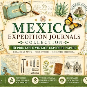 Samling av Mexiko-expeditionsdagböcker | 10 utskrivbara vintage-upptäcktspapper | Botaniska kartor och vetenskapliga efemera | Digital nedladdning