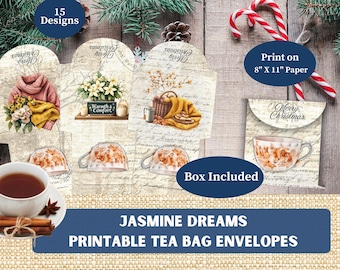 Jasmine Tea Bag Envelopes | 15 Printable Botanical Tea Wraps | Vintage Floral Tea Ephemera | Junk Journal Download
