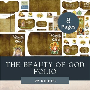 May include: A digital scrapbooking folio with 72 pieces featuring a sunflower theme and the text "The Beauty of God". The folio includes images of sunflowers, a girl with sunflowers in her hair, a door with a sunflower wreath, and various quotes about faith and beauty.