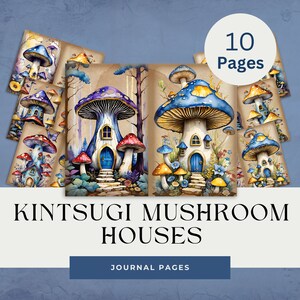 Raccolta di pagine di diario di case a fungo Kintsugi, Cottage Core, 10 pagine, stampa a casa