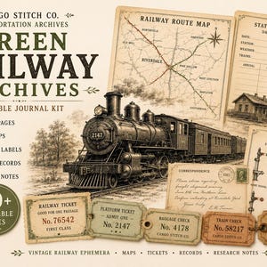 May include: A printable journal kit titled Green Railway Archives featuring a vintage steam locomotive illustration, a railway route map, a station master daily report, a signal diagram, and various ephemera including tickets, baggage checks, and tags.